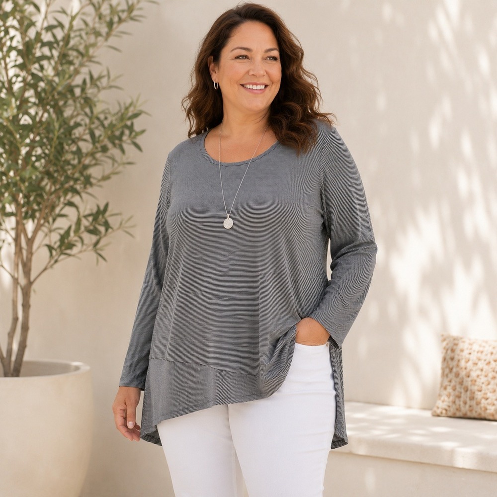 Pure Jill Womens 2X Black White Striped Cotton Asymmetrical Long Sleeve Top